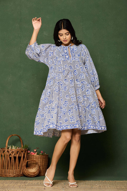 Blue Floral Hand Block Printed Cotton A-Line Mini Dress – Balloon Sleeves & Keyhole Neckline