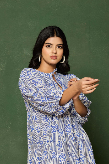 Blue Floral Hand Block Printed Cotton A-Line Mini Dress – Balloon Sleeves & Keyhole Neckline