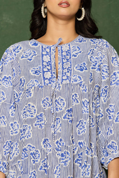 Blue Floral Hand Block Printed Cotton A-Line Mini Dress – Balloon Sleeves & Keyhole Neckline