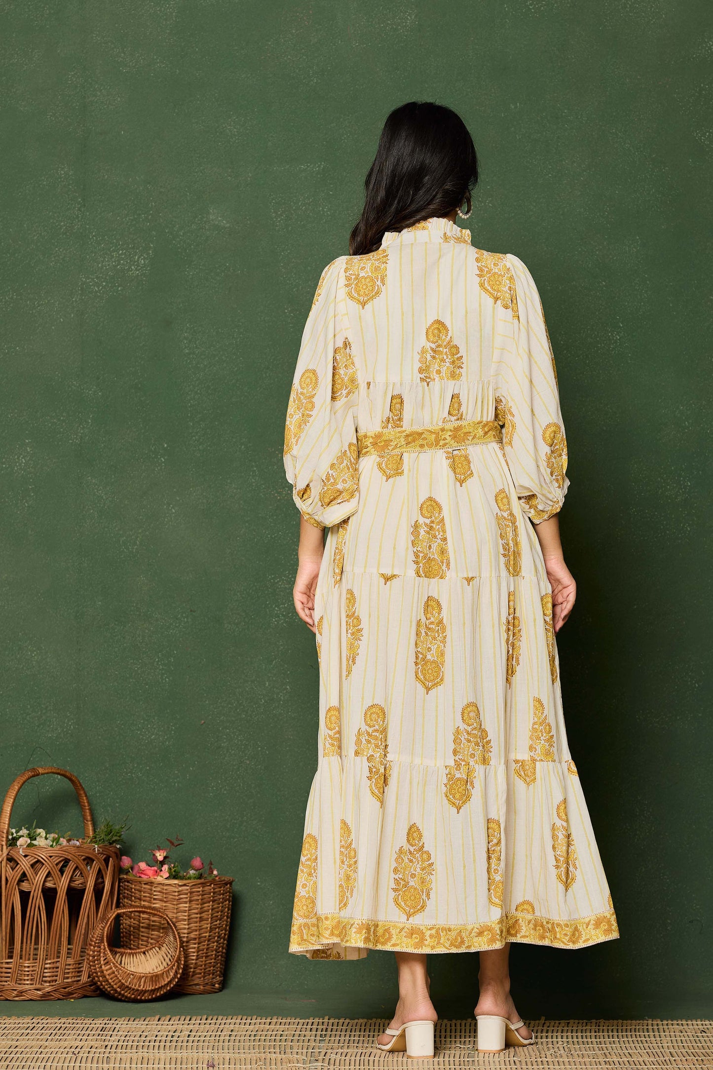 Yellow Floral Hand Block Printed Maxi Dress – Belted A-Line Cotton Dress with 3/4 Sleeves