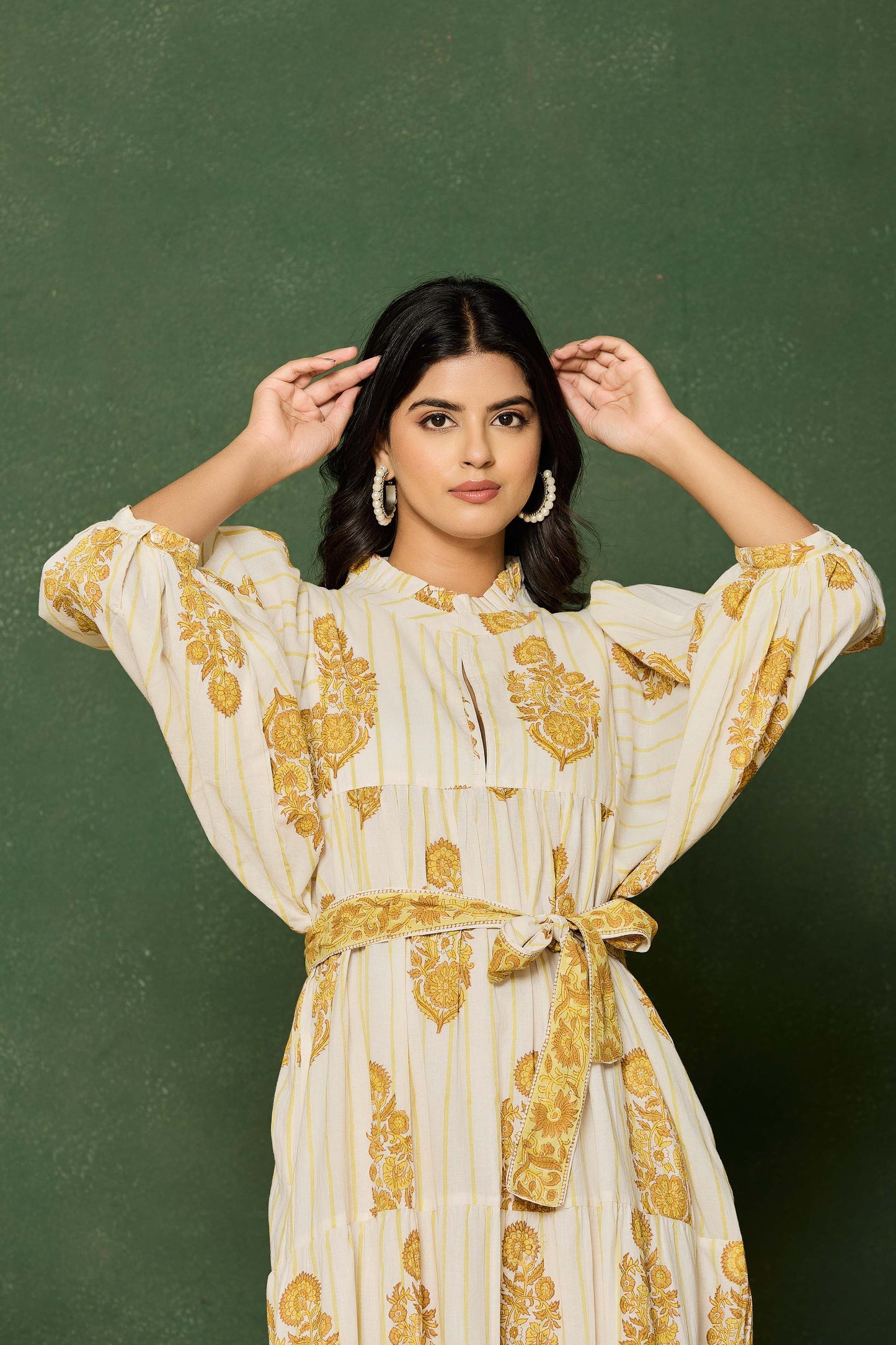 Yellow Floral Hand Block Printed Maxi Dress – Belted A-Line Cotton Dress with 3/4 Sleeves