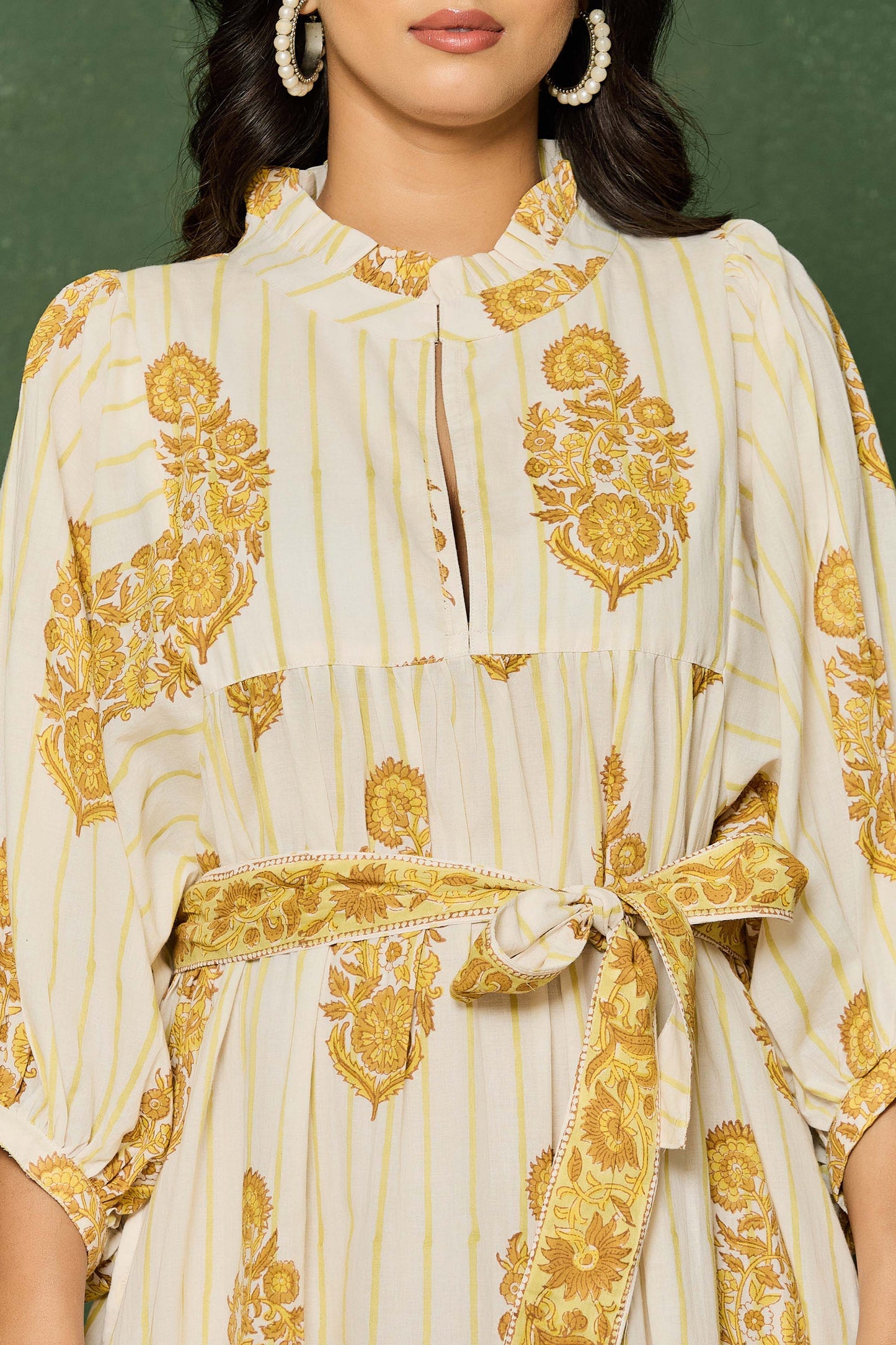 Yellow Floral Hand Block Printed Maxi Dress – Belted A-Line Cotton Dress with 3/4 Sleeves
