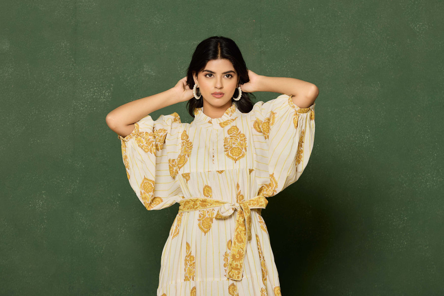 Yellow Floral Hand Block Printed Maxi Dress – Belted A-Line Cotton Dress with 3/4 Sleeves