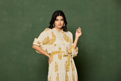 Yellow Floral Hand Block Printed Maxi Dress – Belted A-Line Cotton Dress with 3/4 Sleeves