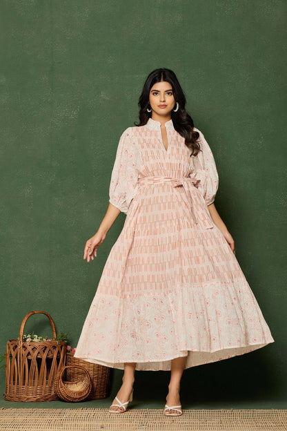 Blush Pink Hand Block Printed Midi Dress – Belted Cotton Dress with Puff Sleeves & V-Neck