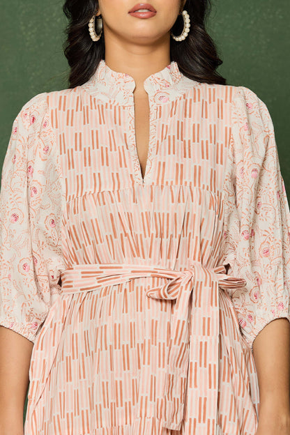 Blush Pink Hand Block Printed Midi Dress – Belted Cotton Dress with Puff Sleeves & V-Neck