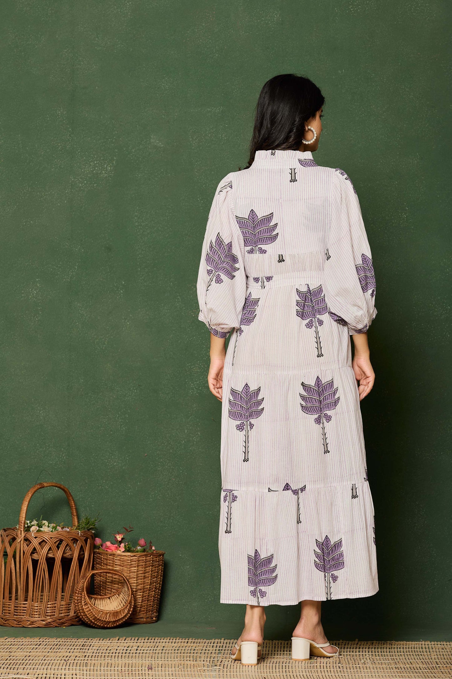 Purple Leaf Hand Block Printed Maxi Dress – Belted Cotton Dress with V-Neck & 3/4 Sleeves