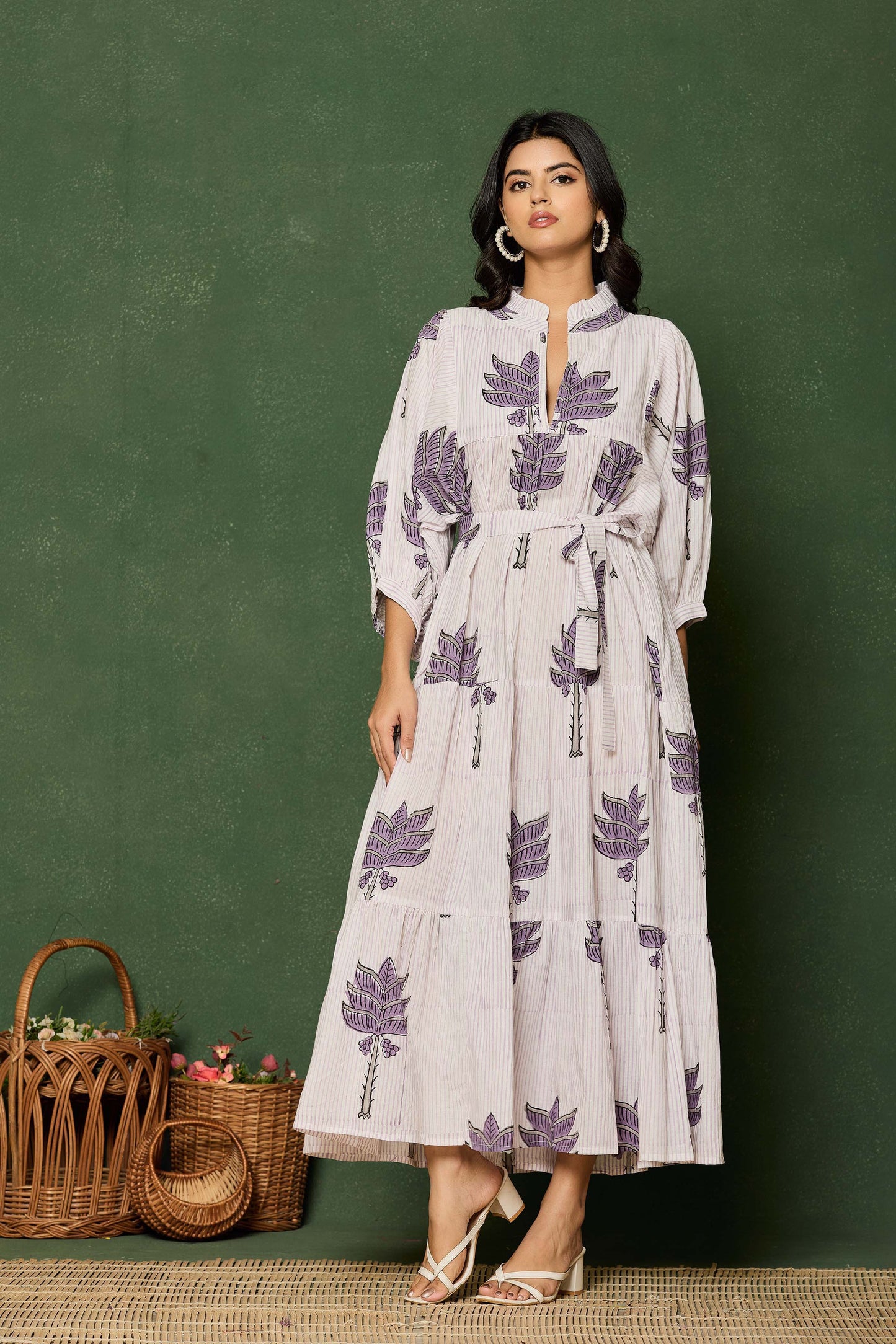 Purple Leaf Hand Block Printed Maxi Dress – Belted Cotton Dress with V-Neck & 3/4 Sleeves