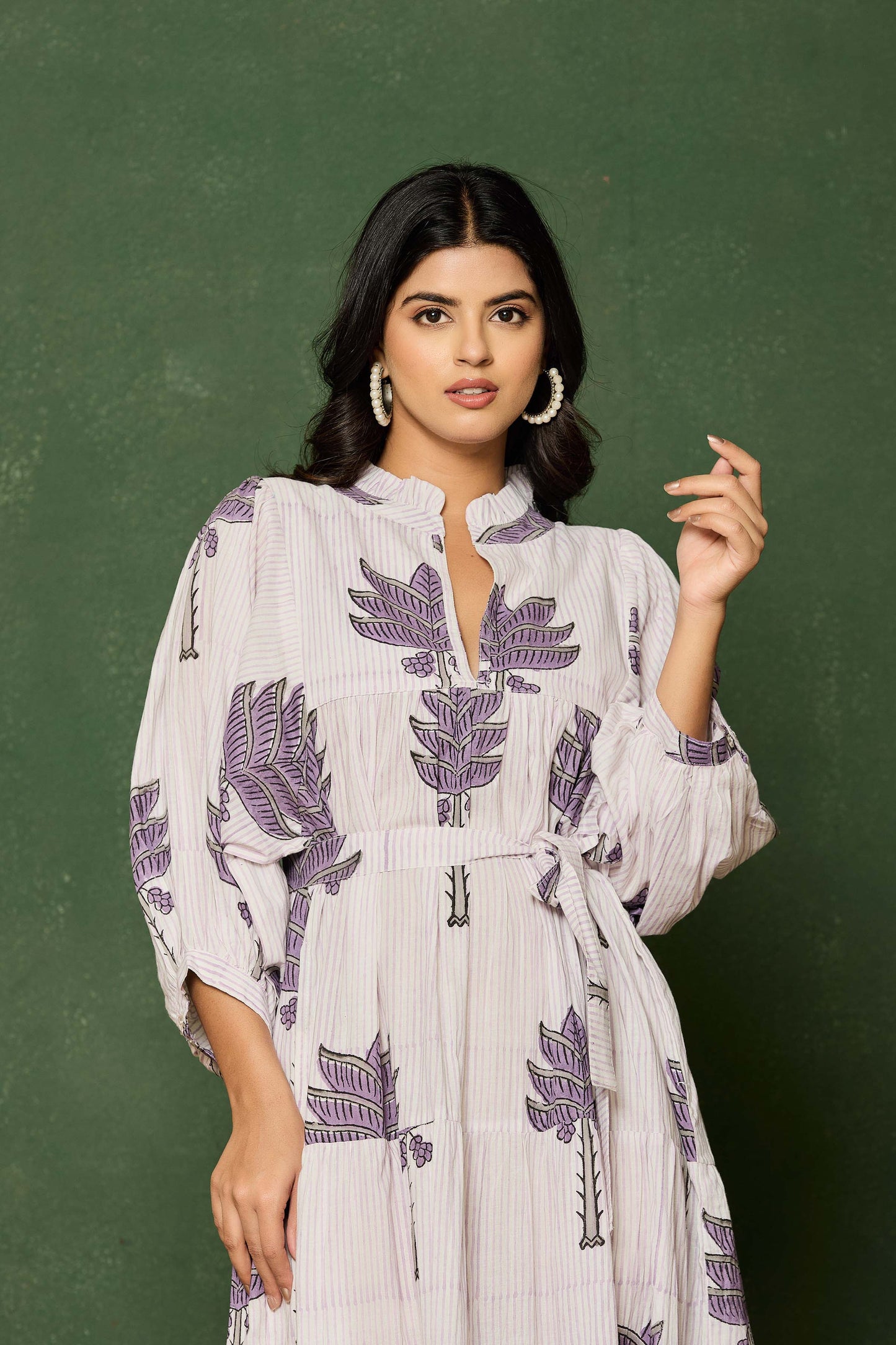 Purple Leaf Hand Block Printed Maxi Dress – Belted Cotton Dress with V-Neck & 3/4 Sleeves