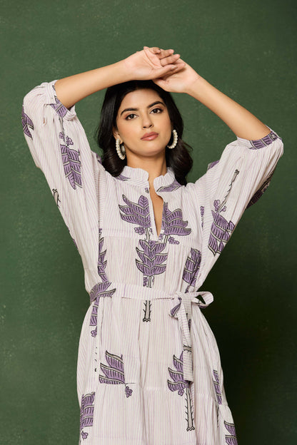 Purple Leaf Hand Block Printed Maxi Dress – Belted Cotton Dress with V-Neck & 3/4 Sleeves