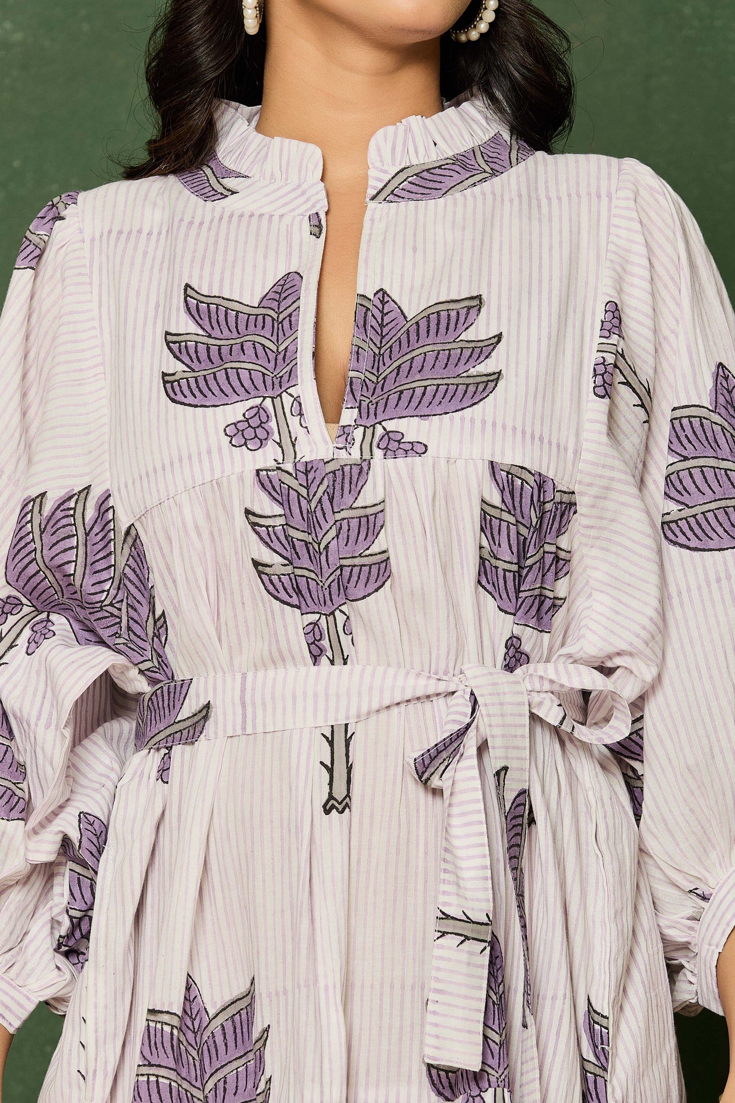 Purple Leaf Hand Block Printed Maxi Dress – Belted Cotton Dress with V-Neck & 3/4 Sleeves