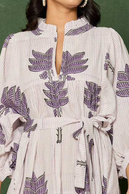 Purple Leaf Hand Block Printed Maxi Dress – Belted Cotton Dress with V-Neck & 3/4 Sleeves