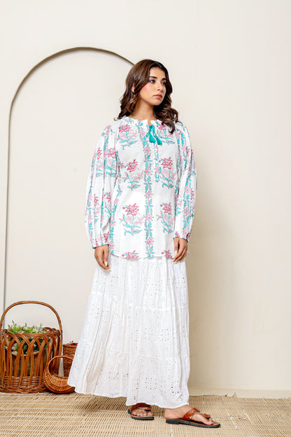 White Cotton Eyelet Embroidered Maxi Skirt – Bohemian Long Skirt with Tiered Design