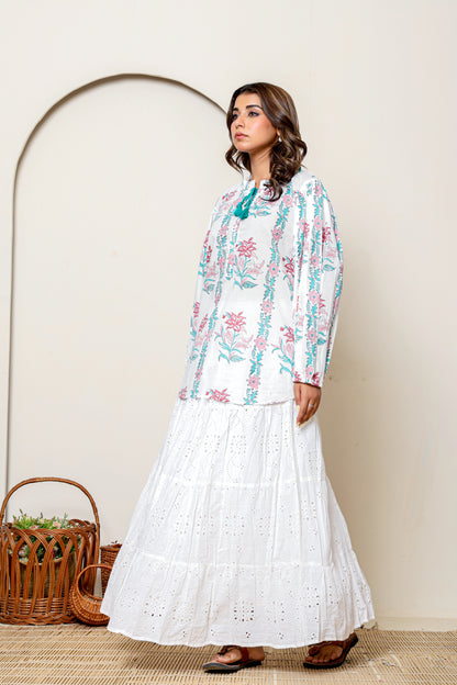White Cotton Eyelet Embroidered Maxi Skirt – Bohemian Long Skirt with Tiered Design