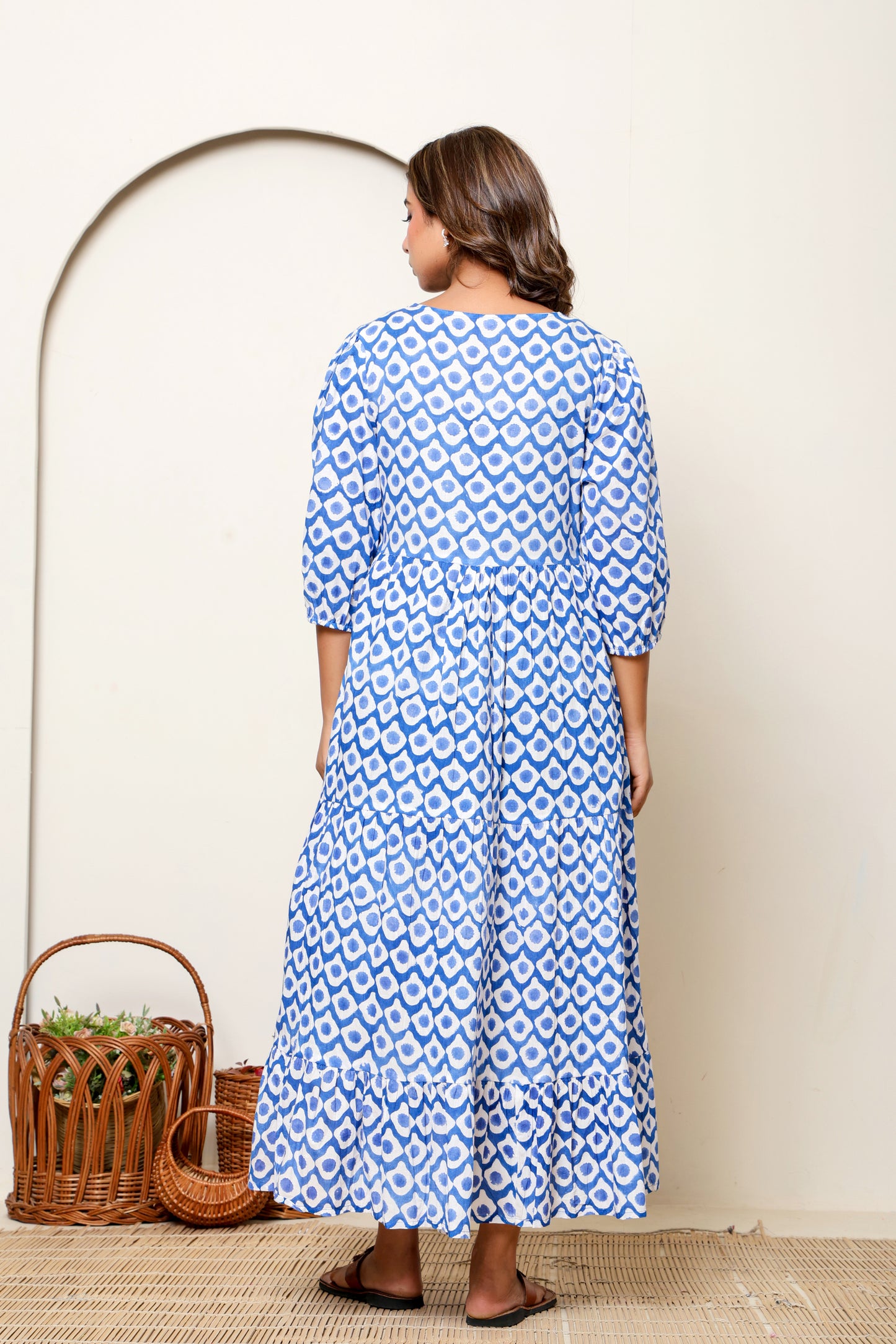 Blue Geometric Hand Block Printed Cotton Maxi Dress – Long Sleeve Bohemian Dress with Tassel Tie Neck & Tiered Design