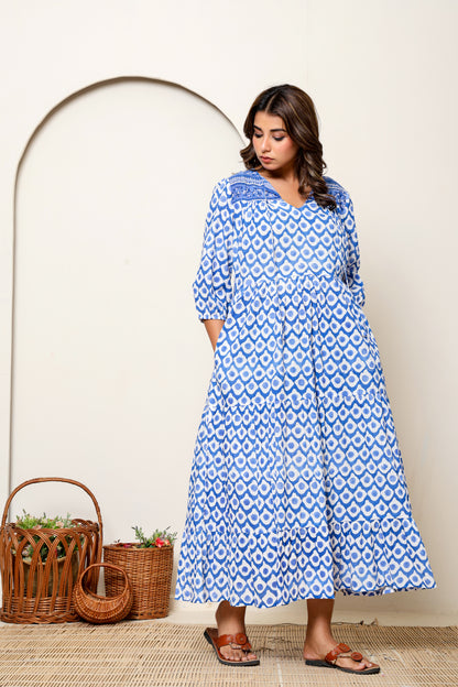 Blue Geometric Hand Block Printed Cotton Maxi Dress – Long Sleeve Bohemian Dress with Tassel Tie Neck & Tiered Design