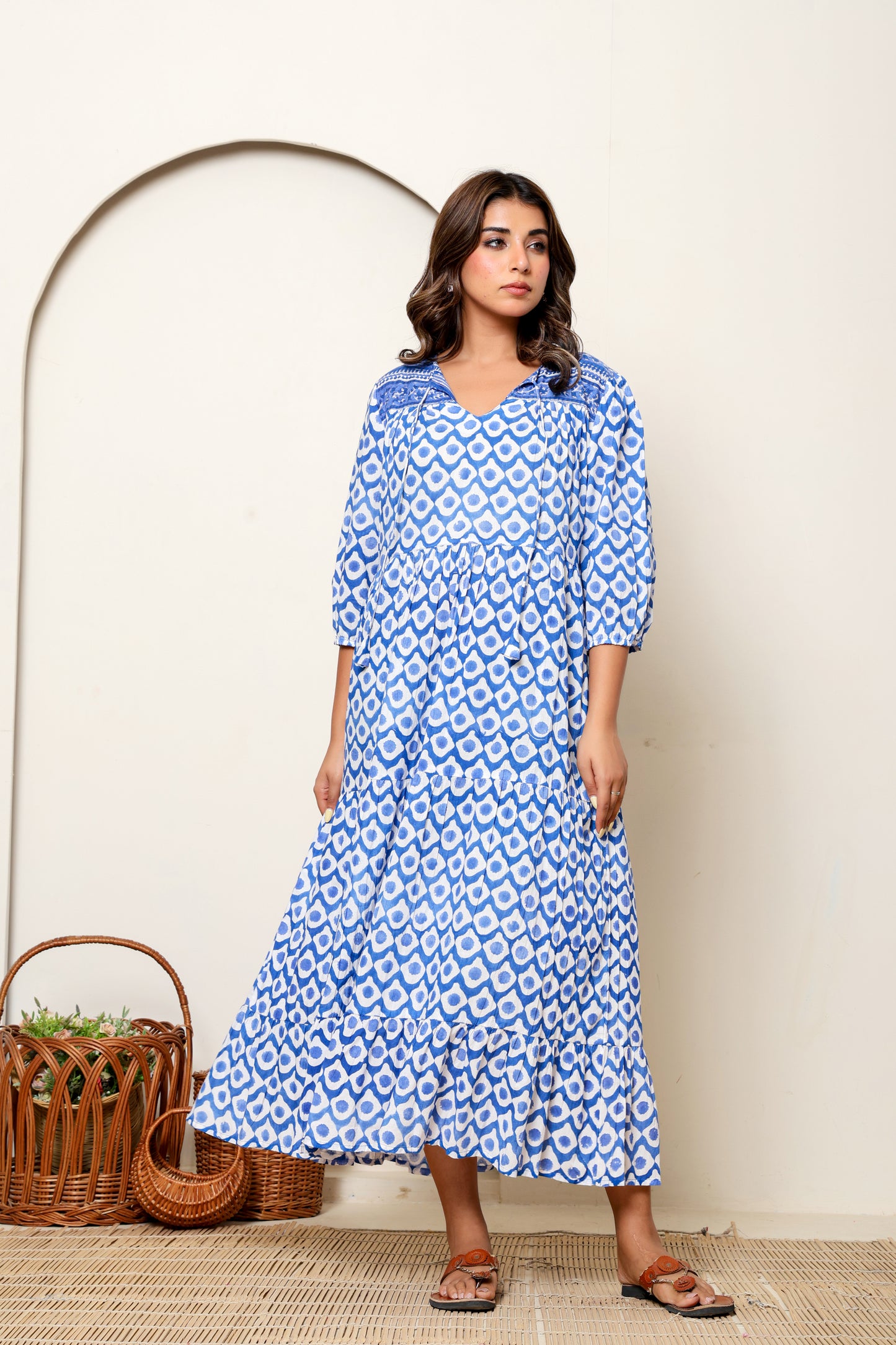 Blue Geometric Hand Block Printed Cotton Maxi Dress – Long Sleeve Bohemian Dress with Tassel Tie Neck & Tiered Design