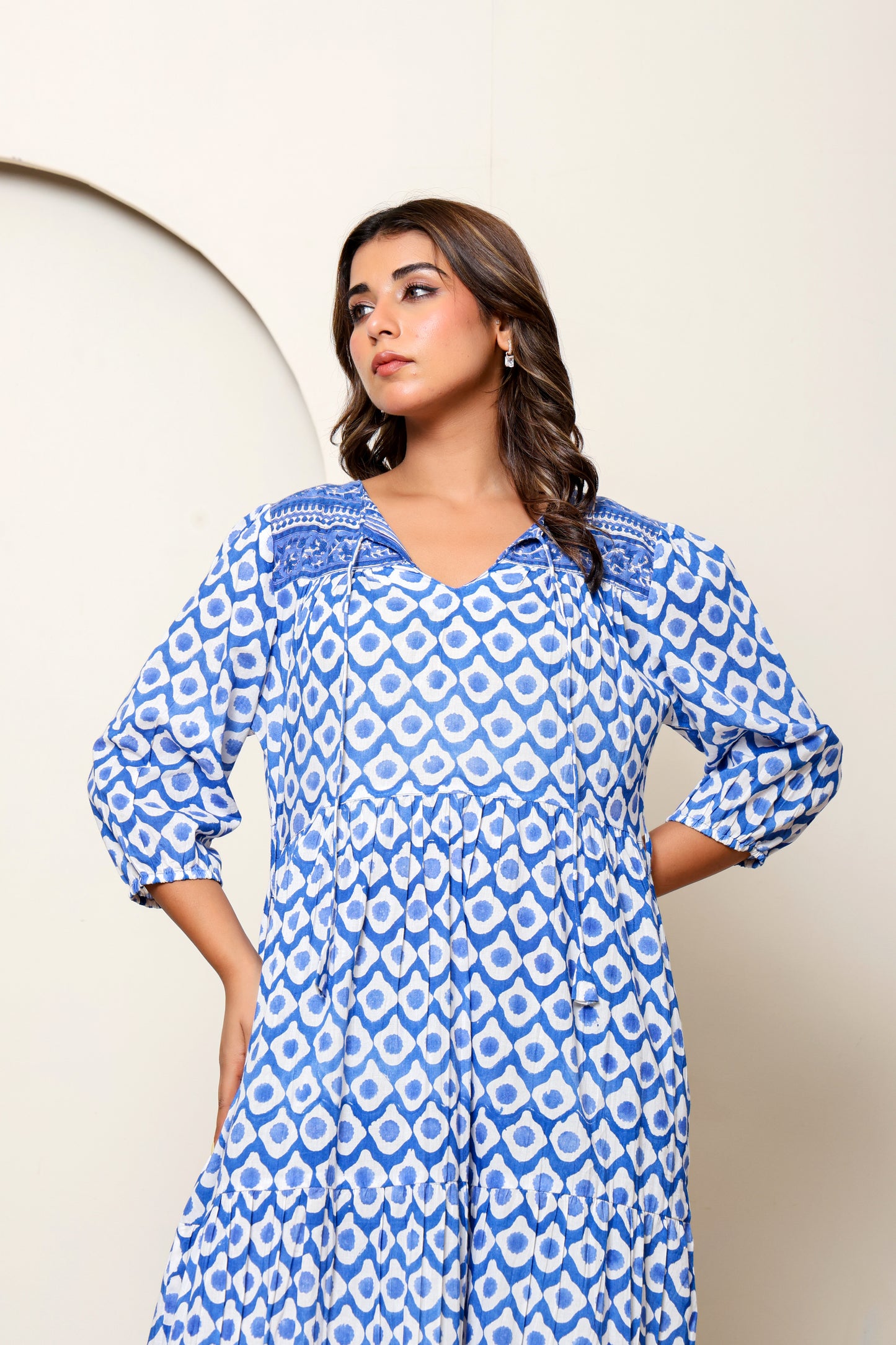 Blue Geometric Hand Block Printed Cotton Maxi Dress – Long Sleeve Bohemian Dress with Tassel Tie Neck & Tiered Design