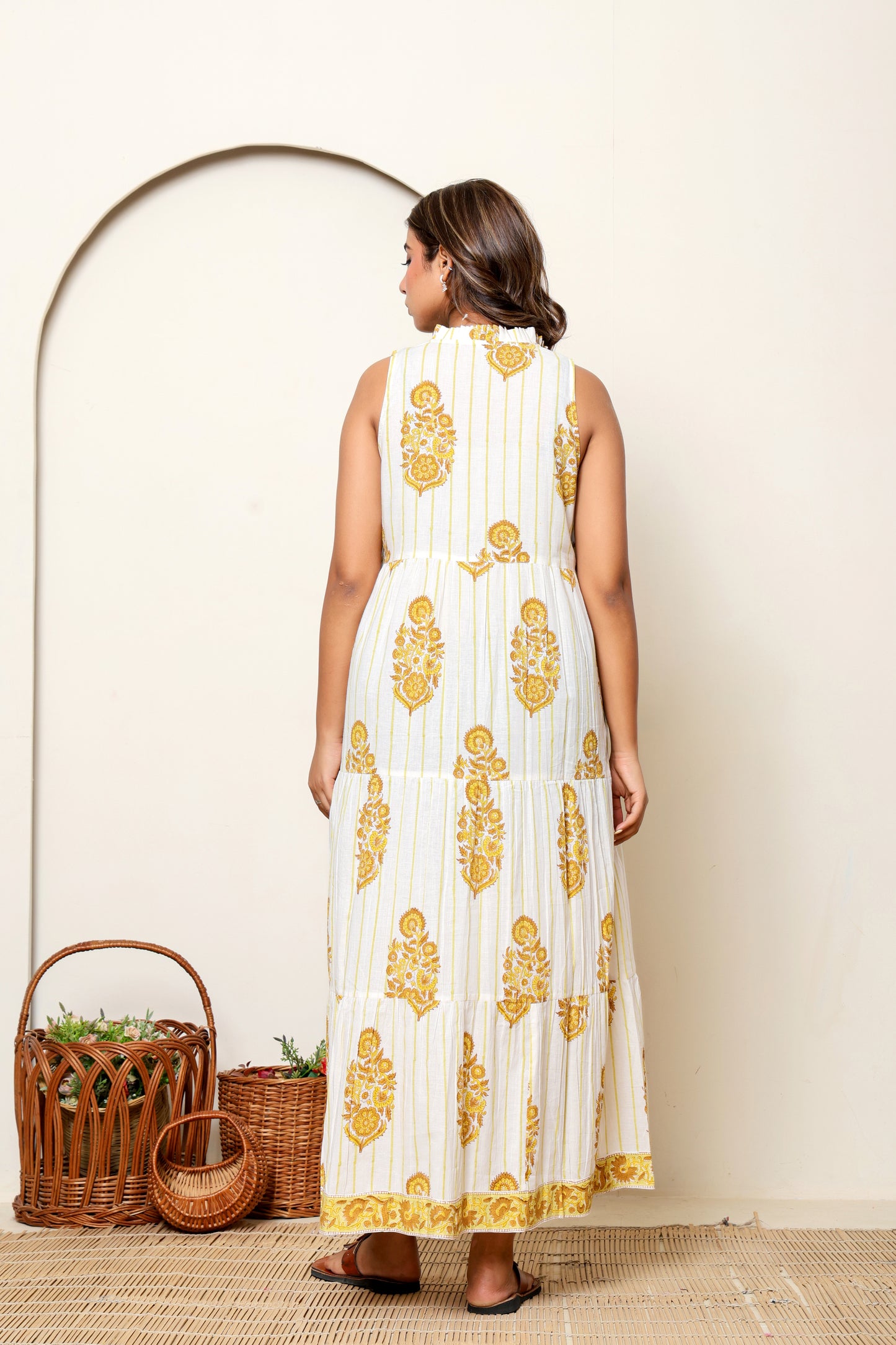 Yellow Floral Hand Block Printed Sleeveless Cotton Maxi Dress – Bohemian Summer Dress with Tiered Design & Pockets