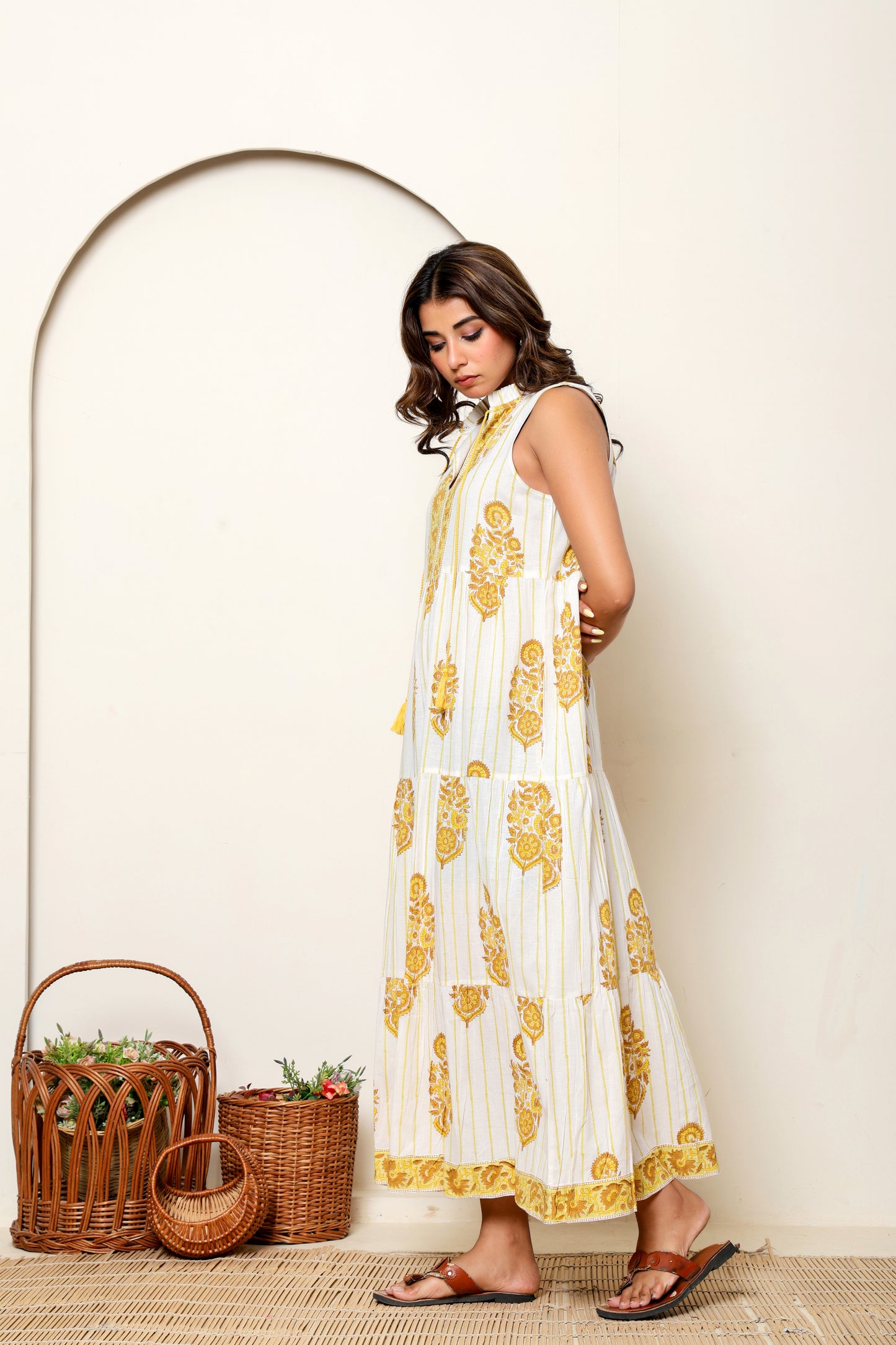 Yellow Floral Hand Block Printed Sleeveless Cotton Maxi Dress – Bohemian Summer Dress with Tiered Design & Pockets