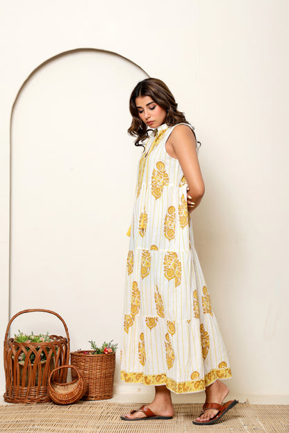 Yellow Floral Hand Block Printed Sleeveless Cotton Maxi Dress – Bohemian Summer Dress with Tiered Design & Pockets