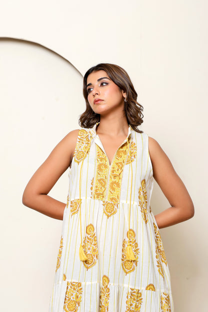 Yellow Floral Hand Block Printed Sleeveless Cotton Maxi Dress – Bohemian Summer Dress with Tiered Design & Pockets