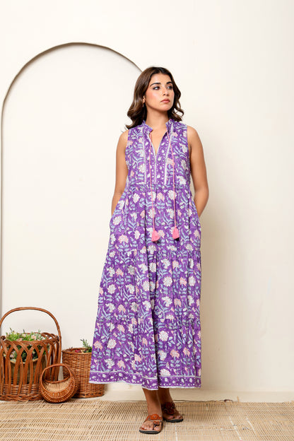 Purple Floral Hand Block Printed Sleeveless Cotton Maxi Dress – Bohemian Summer Dress with Tassel Ties &amp; Pockets