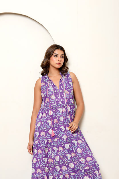 Purple Floral Hand Block Printed Sleeveless Cotton Maxi Dress – Bohemian Summer Dress with Tassel Ties &amp; Pockets