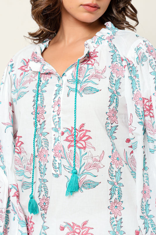 White & Pink Floral Hand Block Printed Cotton Blouse – Long Sleeve Bohemian Top with Tassel Tie Neck