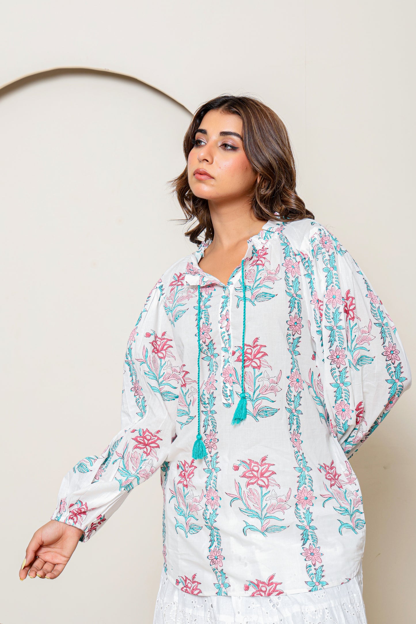 White & Pink Floral Hand Block Printed Cotton Blouse – Long Sleeve Bohemian Top with Tassel Tie Neck