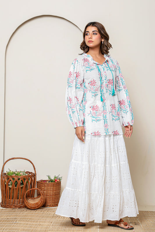 White & Pink Floral Hand Block Printed Cotton Blouse – Long Sleeve Bohemian Top with Tassel Tie Neck