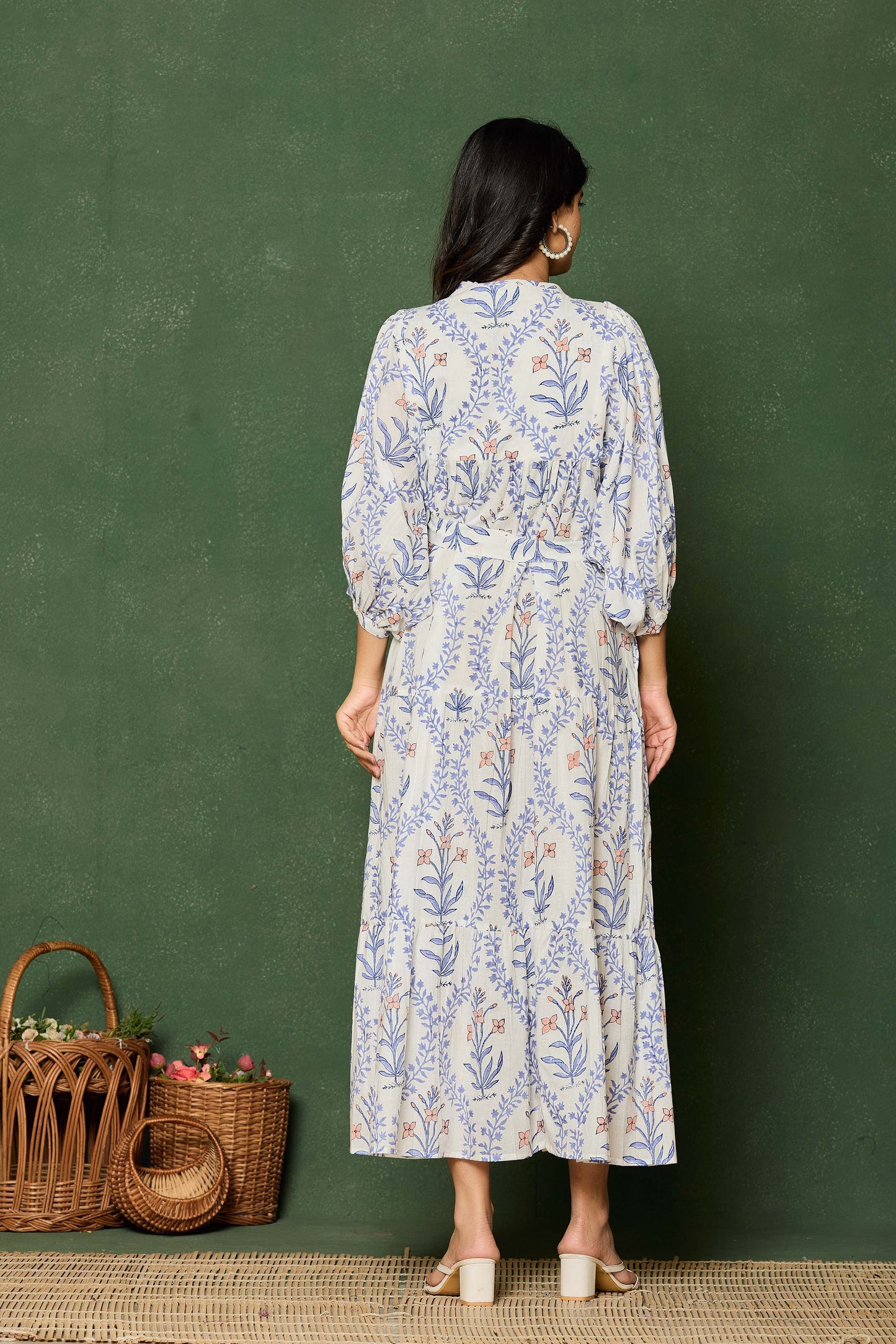 Blue Floral Hand Block Printed Cotton Maxi Dress – Belted Long Dress with Puff Sleeves & Keyhole Neckline