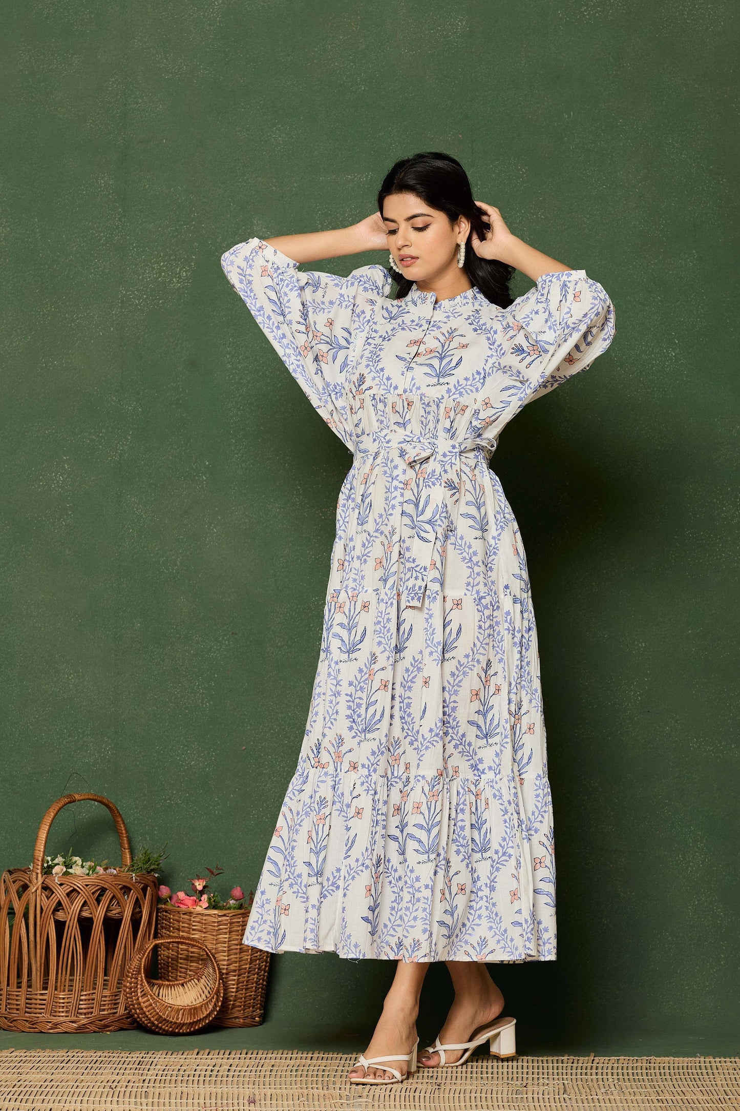 Blue Floral Hand Block Printed Cotton Maxi Dress – Belted Long Dress with Puff Sleeves & Keyhole Neckline