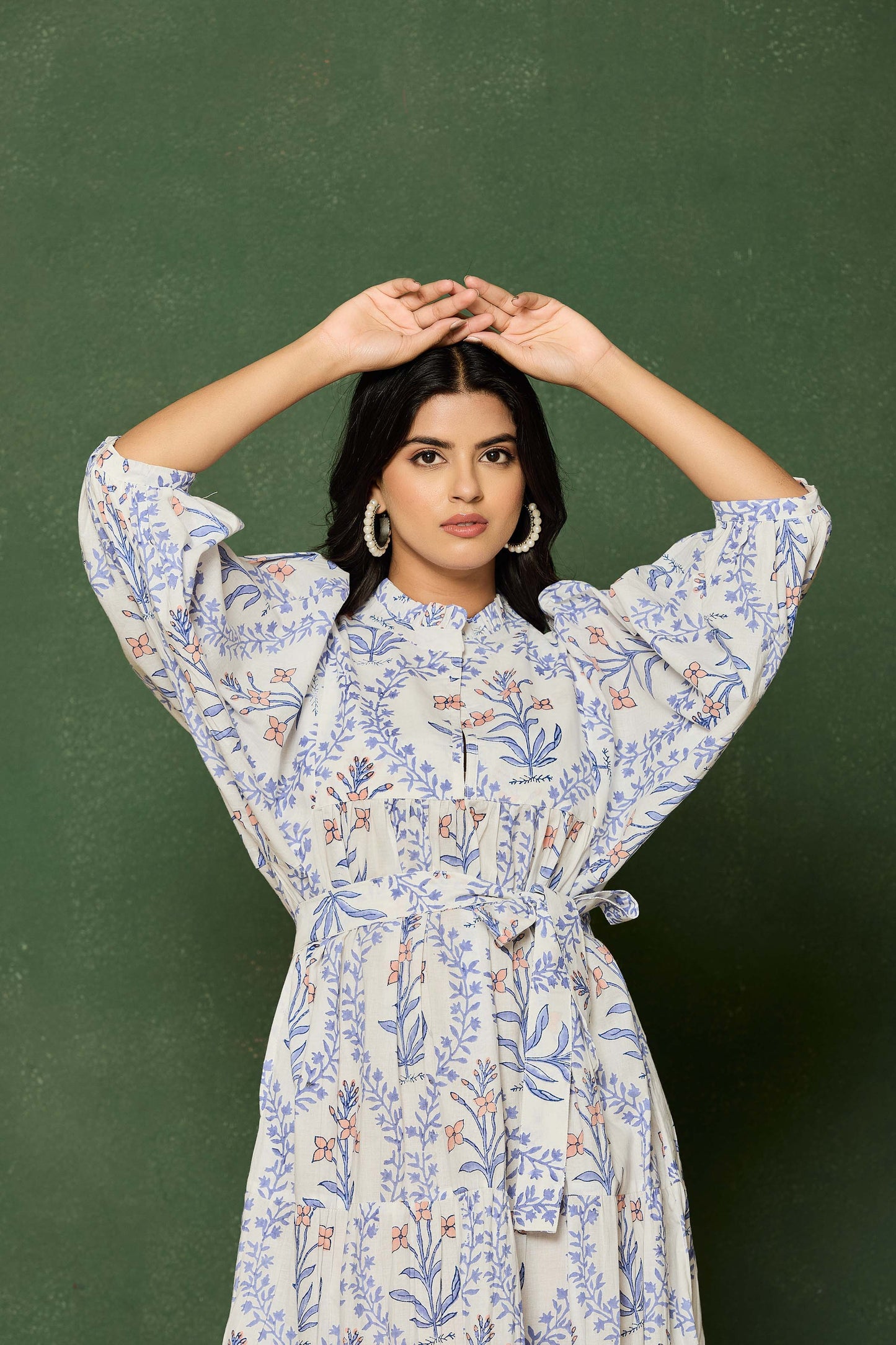 Blue Floral Hand Block Printed Cotton Maxi Dress – Belted Long Dress with Puff Sleeves & Keyhole Neckline