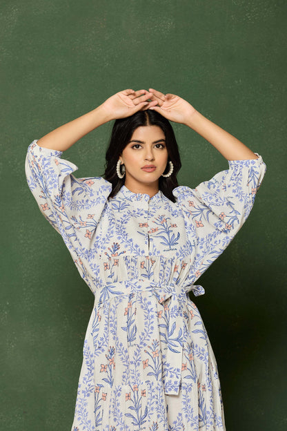Blue Floral Hand Block Printed Cotton Maxi Dress – Belted Long Dress with Puff Sleeves & Keyhole Neckline