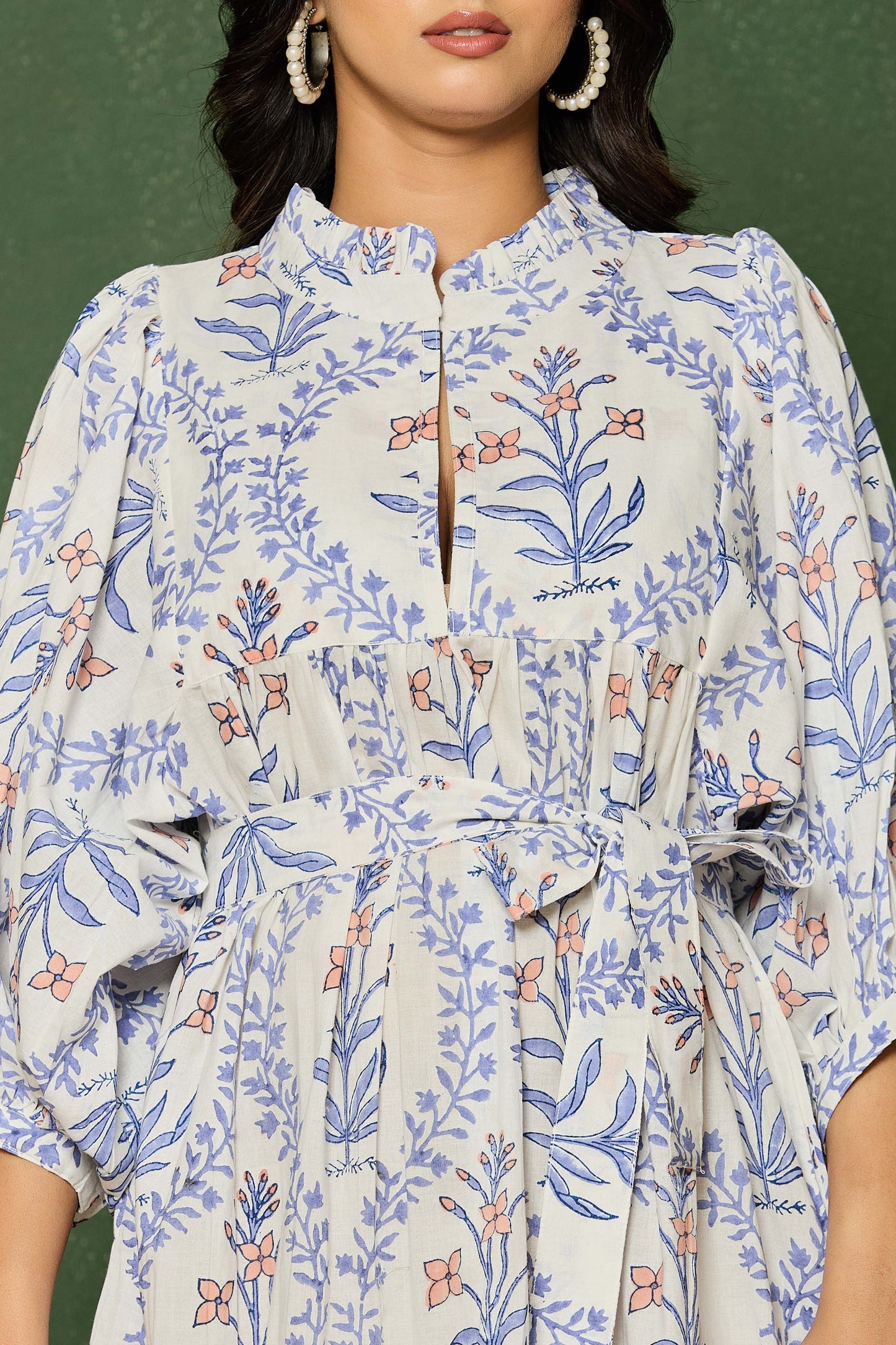 Blue Floral Hand Block Printed Cotton Maxi Dress – Belted Long Dress with Puff Sleeves & Keyhole Neckline
