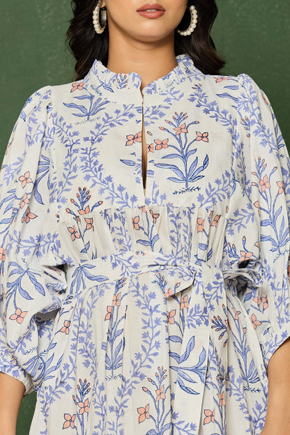 Blue Floral Hand Block Printed Cotton Maxi Dress – Belted Long Dress with Puff Sleeves & Keyhole Neckline