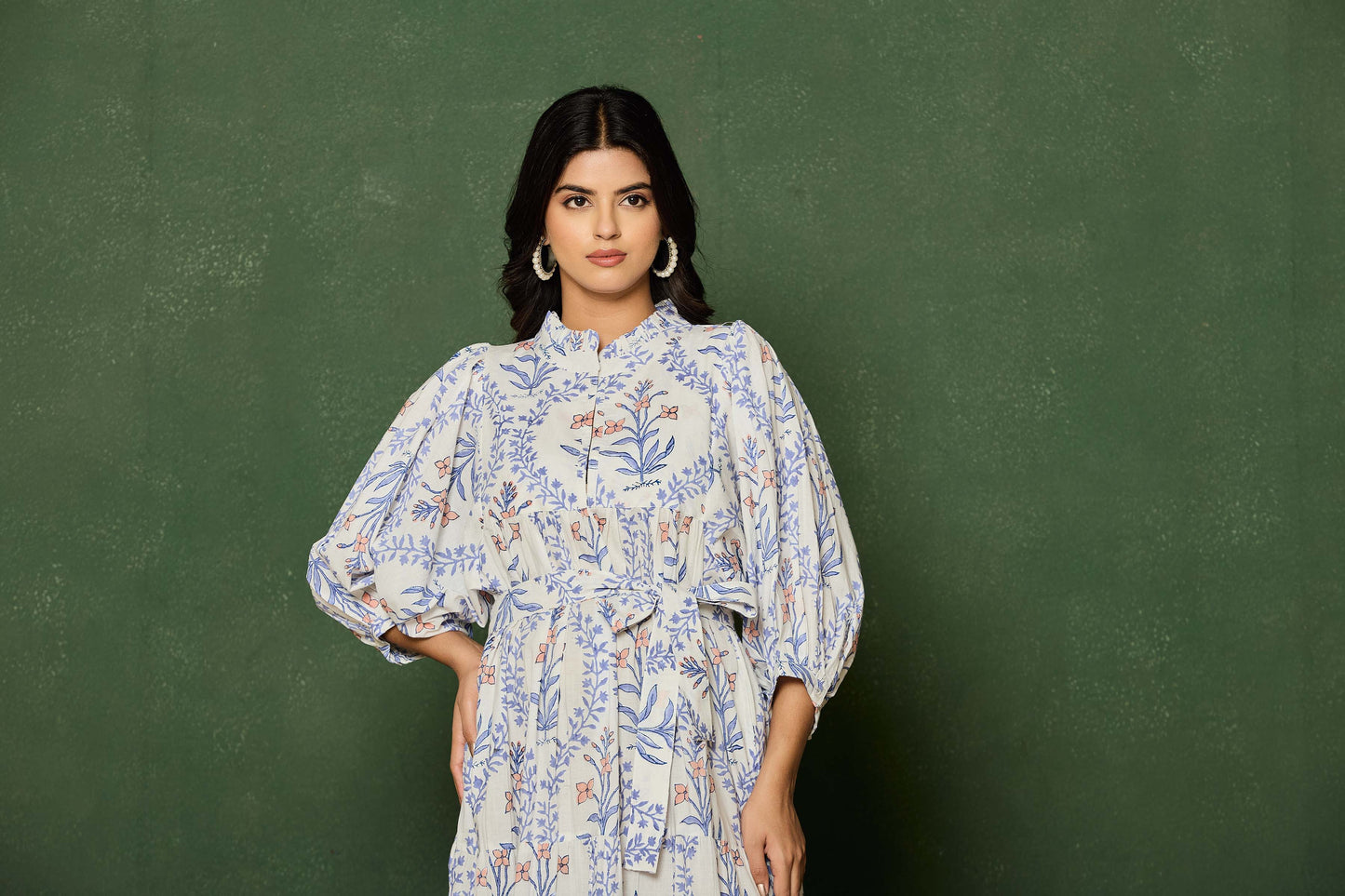 Blue Floral Hand Block Printed Cotton Maxi Dress – Belted Long Dress with Puff Sleeves & Keyhole Neckline