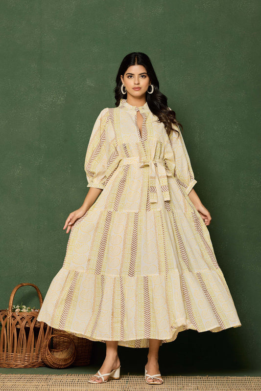 Yellow Brown Striped Hand Block Printed Maxi Dress – Belted Cotton Dress with Keyhole Neck & Puff Sleeves