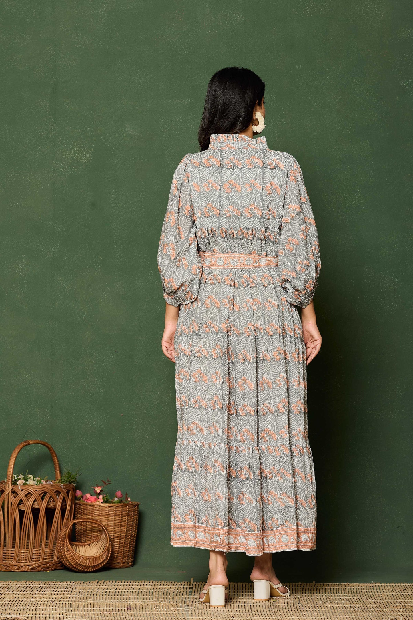 Grey Peach Floral Hand Block Printed Cotton Maxi Dress – Belted Long Dress with Puff Sleeves & V-Slit Neckline