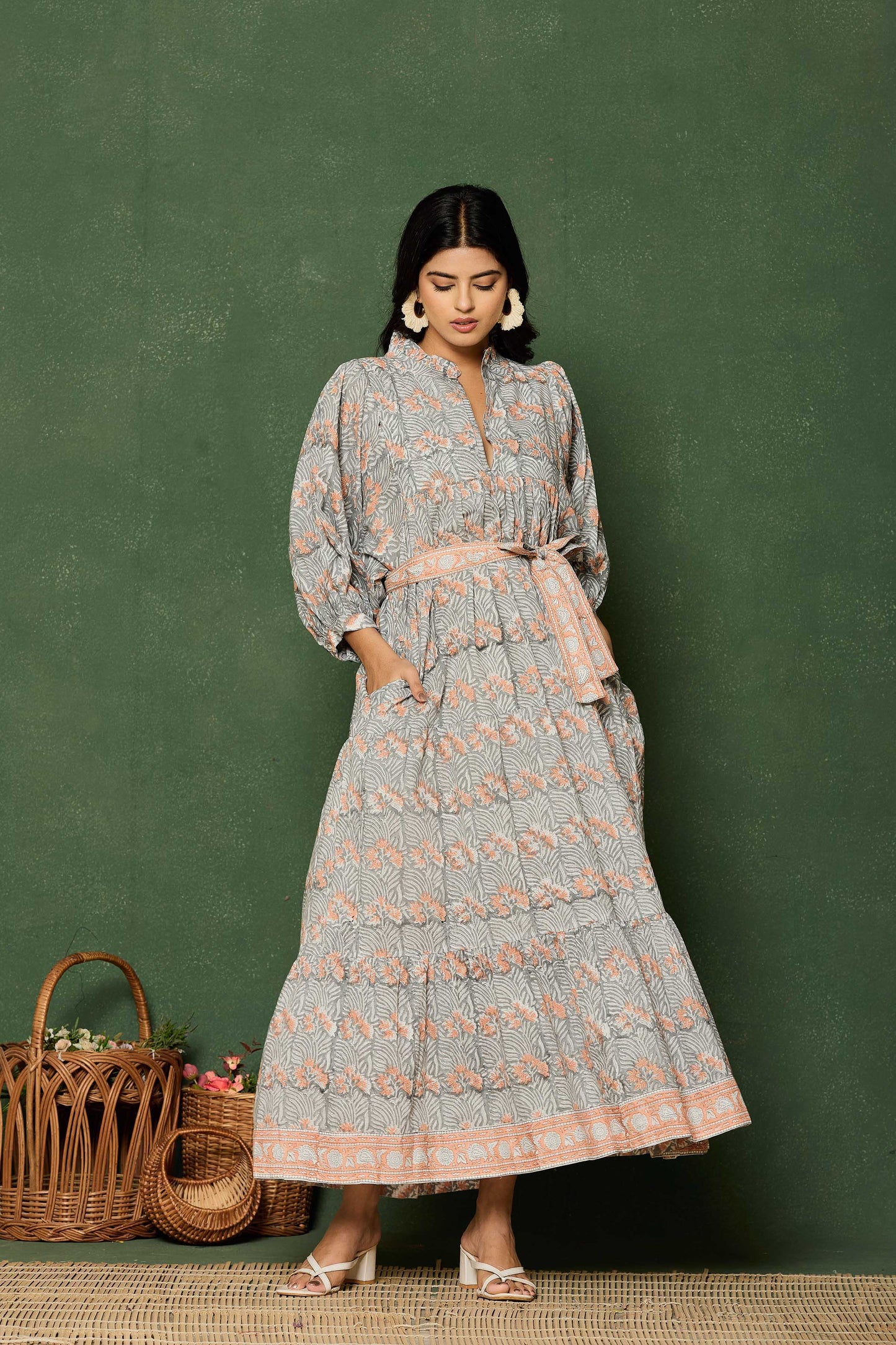 Grey Peach Floral Hand Block Printed Cotton Maxi Dress – Belted Long Dress with Puff Sleeves & V-Slit Neckline