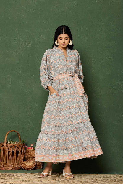 Grey Peach Floral Hand Block Printed Cotton Maxi Dress – Belted Long Dress with Puff Sleeves & V-Slit Neckline