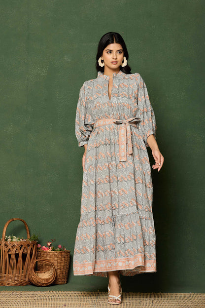 Grey Peach Floral Hand Block Printed Cotton Maxi Dress – Belted Long Dress with Puff Sleeves & V-Slit Neckline