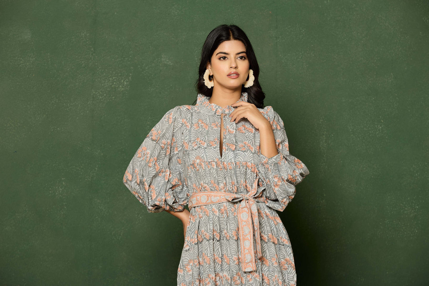 Grey Peach Floral Hand Block Printed Cotton Maxi Dress – Belted Long Dress with Puff Sleeves & V-Slit Neckline