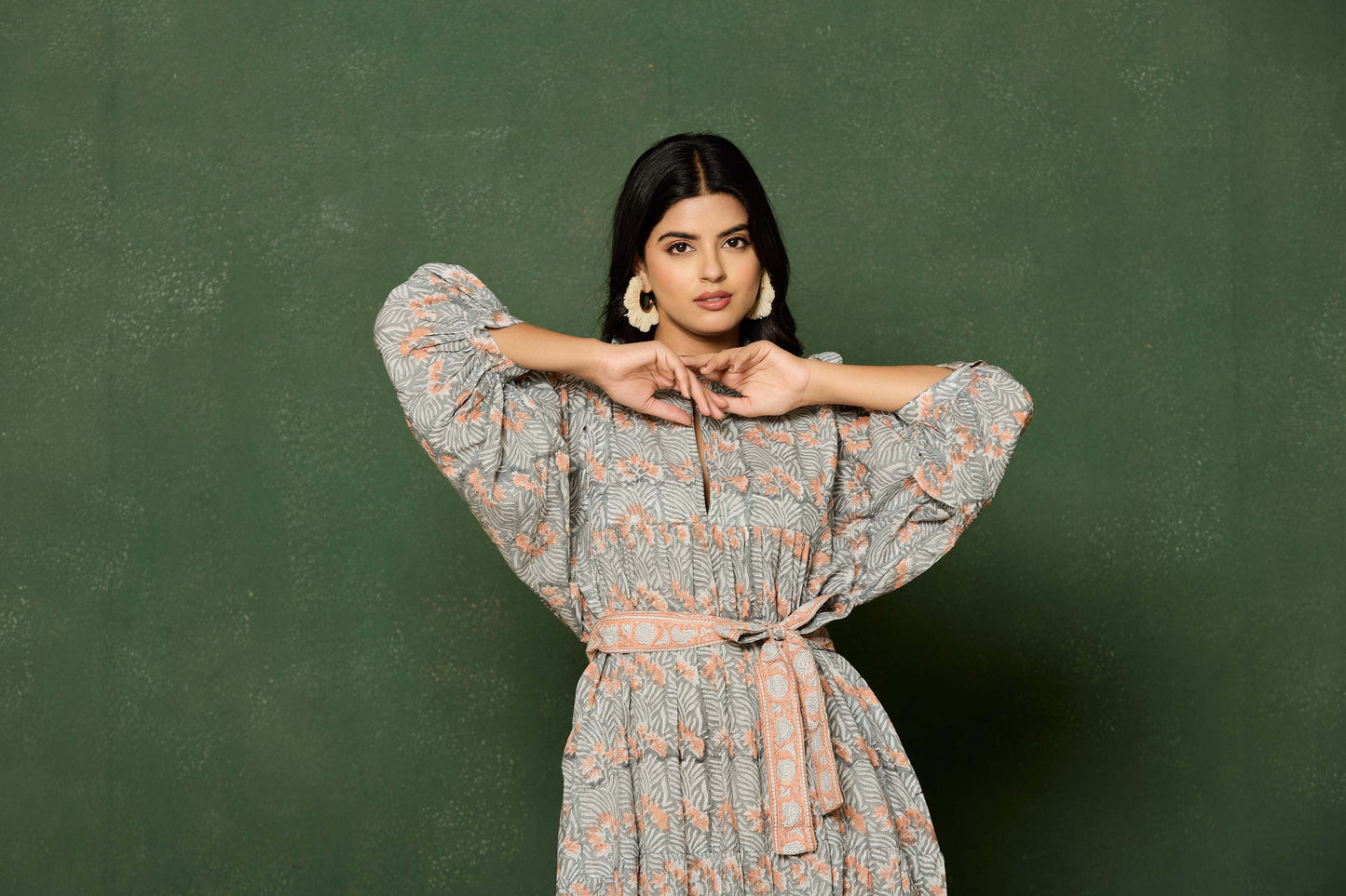 Grey Peach Floral Hand Block Printed Cotton Maxi Dress – Belted Long Dress with Puff Sleeves & V-Slit Neckline