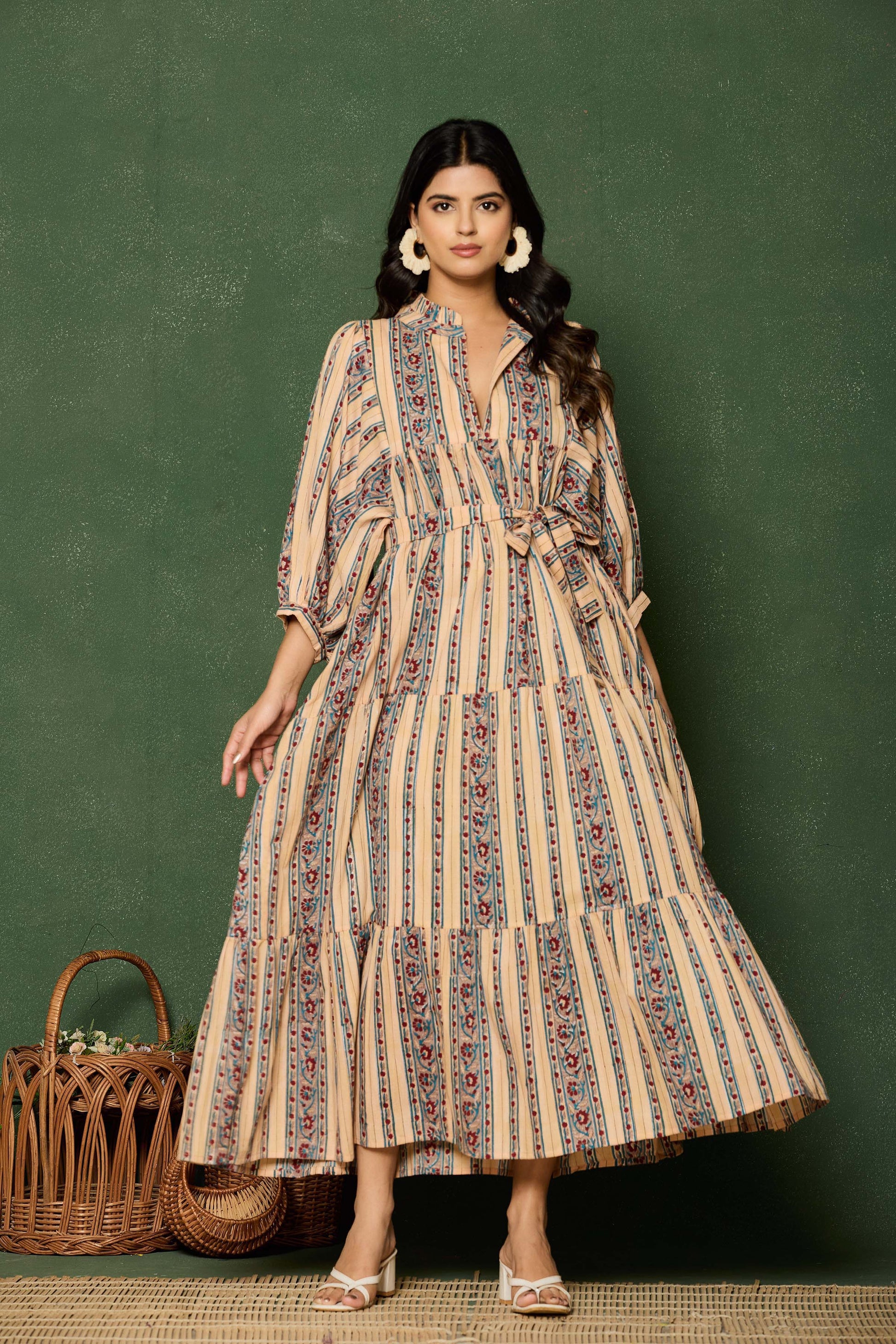 Beige Multicolor Striped Hand Block Printed Maxi Dress – Cotton Belted Dress with V-Neck & Puff Sleeves - 2XS Beige Multicolor Striped Hand Block Printed Maxi Dress – Cotton Belted Dress with V-Neck & Puff Sleeves - 2XS