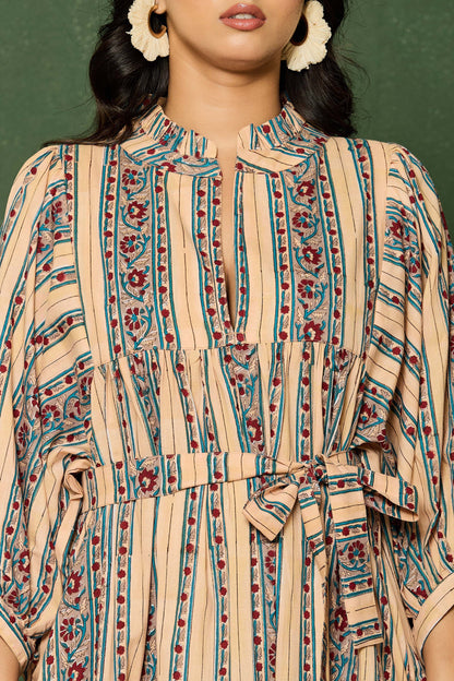 Beige Multicolor Striped Hand Block Printed Maxi Dress – Cotton Belted Dress with V-Neck & Puff Sleeves