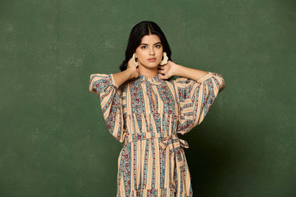 Beige Multicolor Striped Hand Block Printed Maxi Dress – Cotton Belted Dress with V-Neck & Puff Sleeves