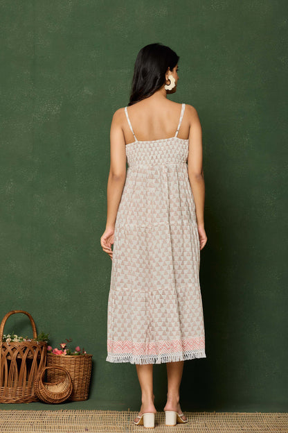 Sleeveless V-Neck Cotton Midi Dress – Hand Block Printed Dress with Lace Hem in Blush Tones