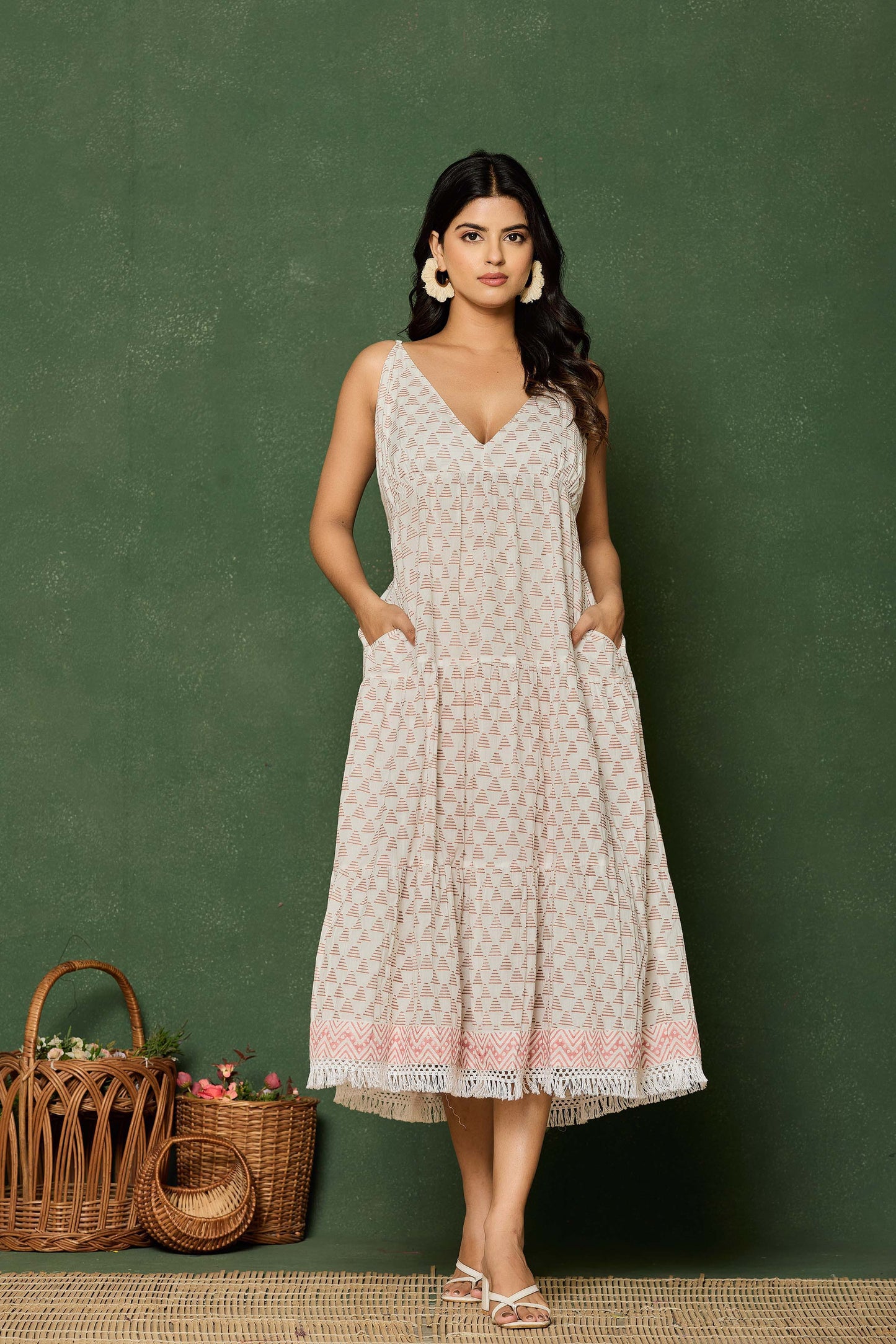 Sleeveless V-Neck Cotton Midi Dress – Hand Block Printed Dress with Lace Hem in Blush Tones